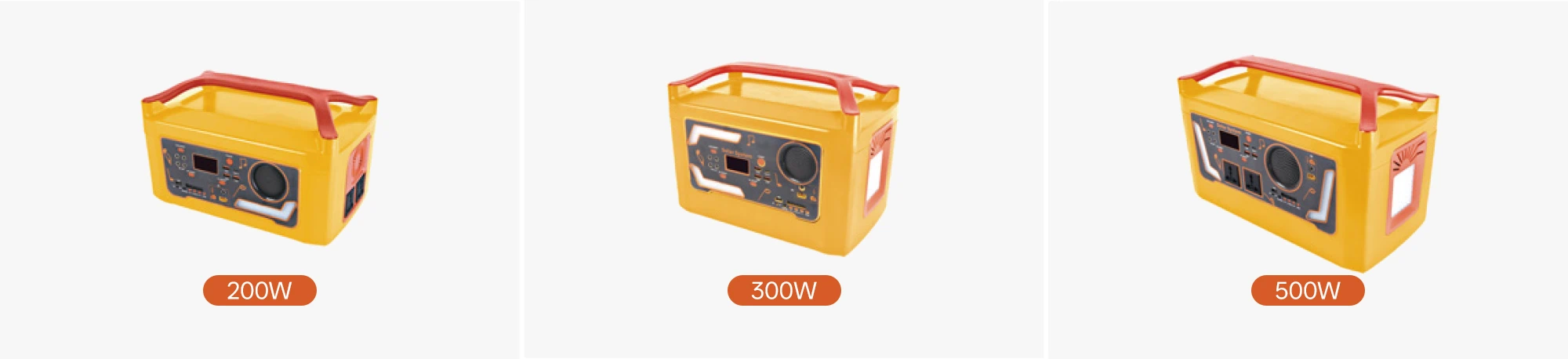 Bluetooth speaker portable power station size comparison collage – 800W, 1000W, and 1200W high-power models side by side showing capacity, speaker output, and portability differences for large outdoor entertainment needs